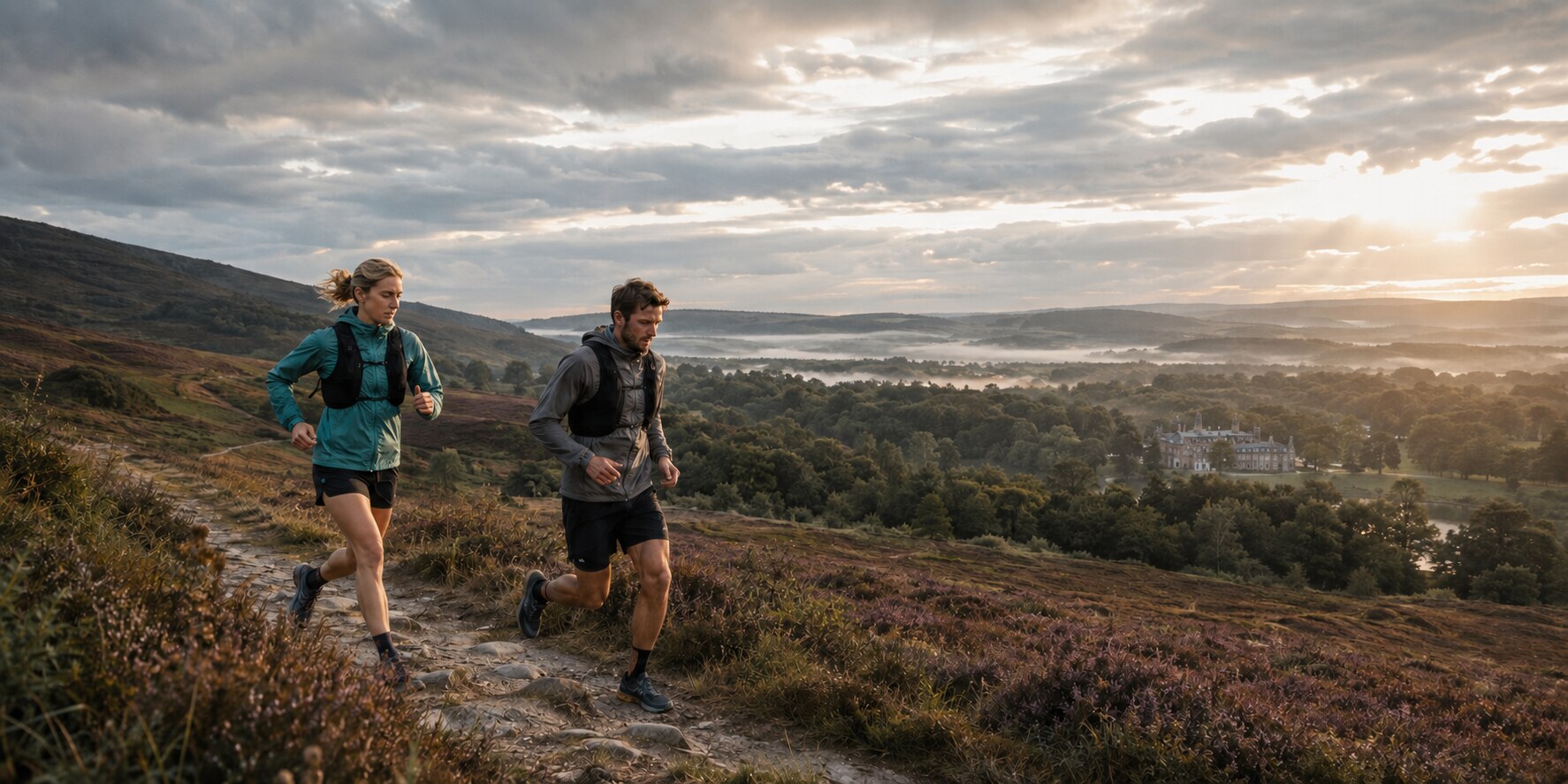 Runners on a trail through a Scottish estate landscape